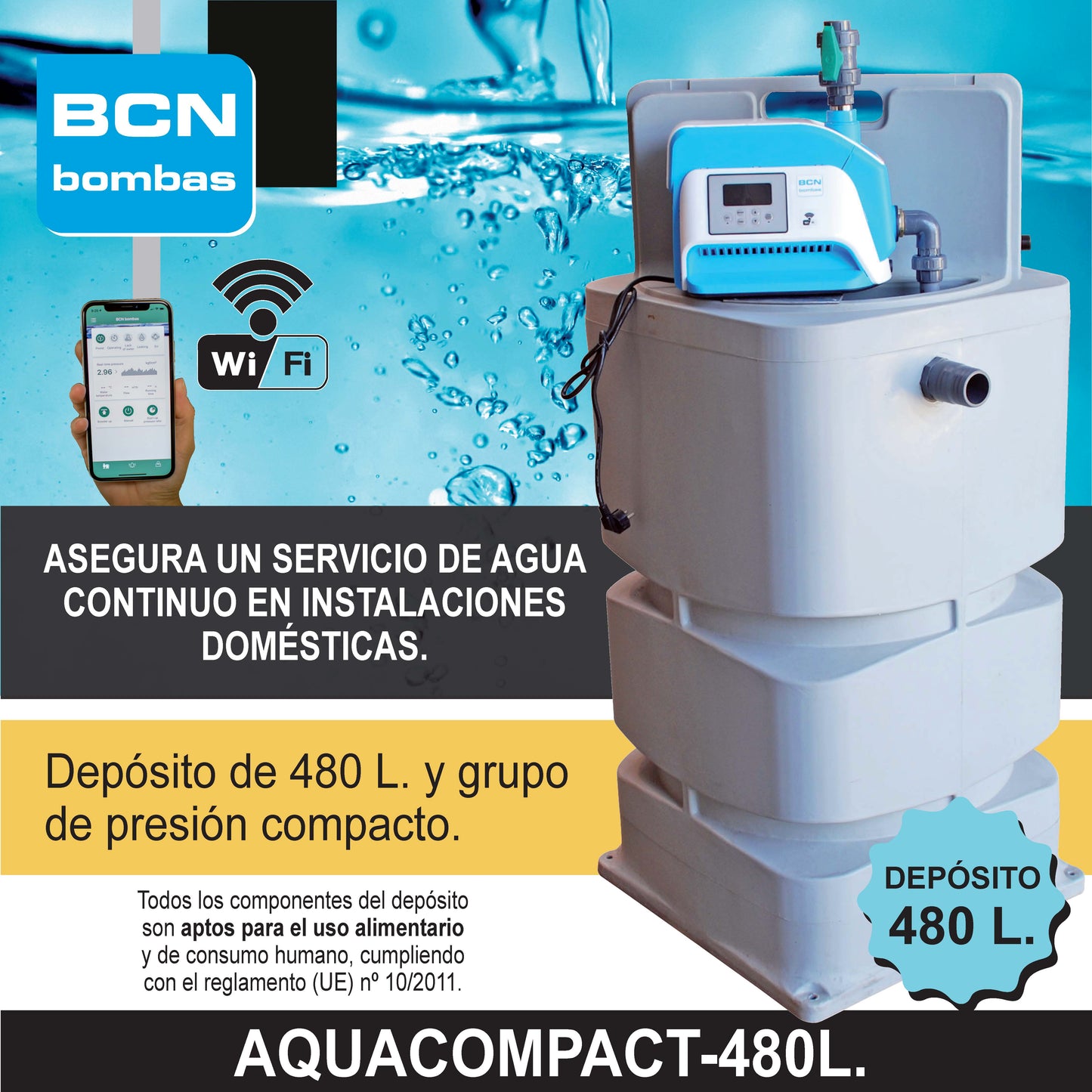 Kit Aquacompact 480L com grupo de pressão ISP 1.0 WiFi - sistema completo de pressurização BCN