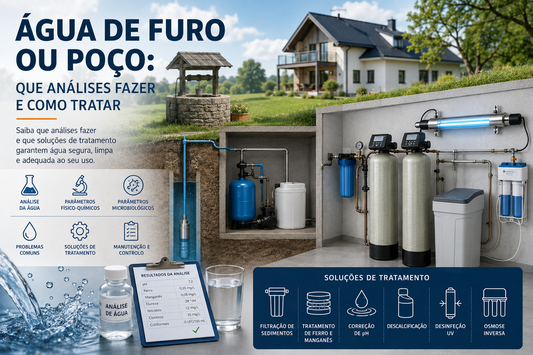 Sistema de tratamento de água de furo com filtros, descalcificador e desinfeção UV