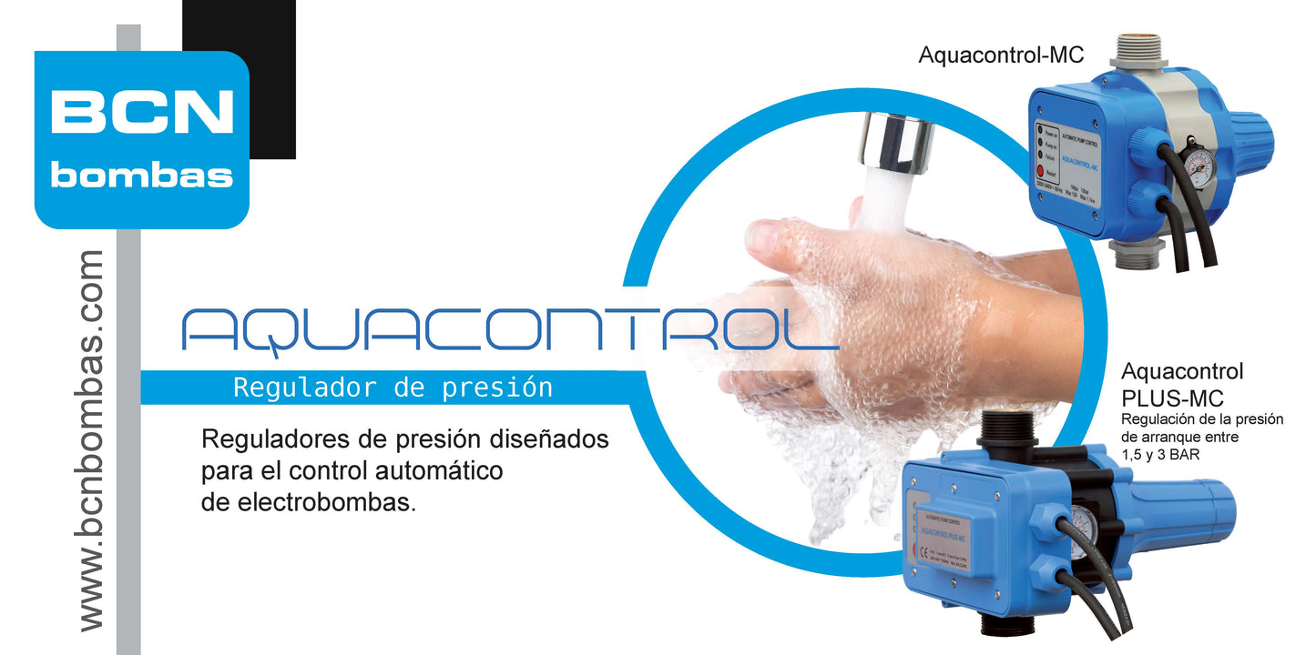 Regulador de Pressão AQUACONTROL-MC BCN com manómetro integrado, proteção IP-65 e sistema de rearme automático para eletrobombas