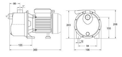 Bomba Auto-Aspirante JETINOX-100 M 1 CV 230V - Vista de dimensões