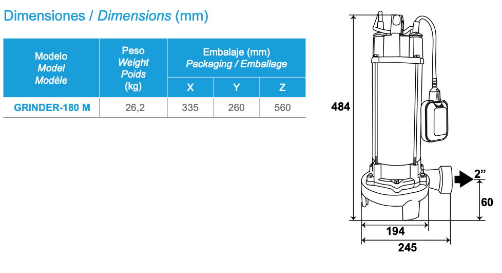 Bomba trituradora Grinder-180 - especificações técnicas e dimensões
