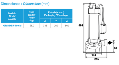 Bomba trituradora Grinder-180 - especificações técnicas e dimensões