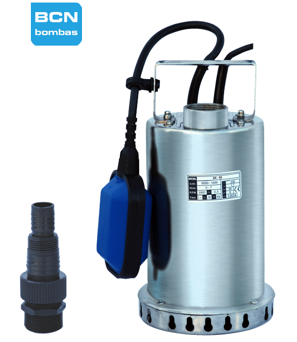 Bomba sumergible para drenaje de agua con cuerpo de acero inoxidable.
