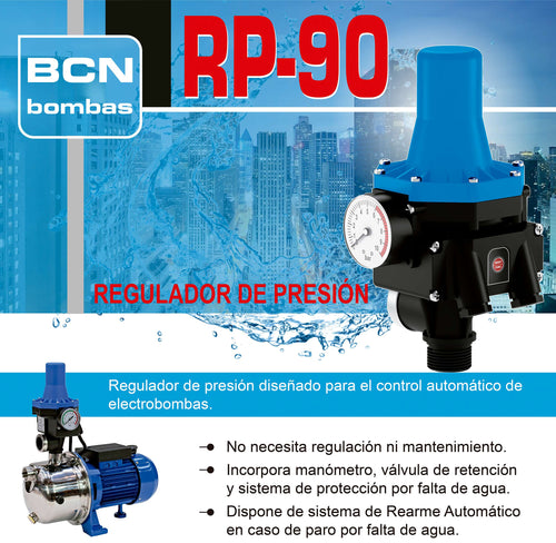 Ficha técnica do Regulador de Pressão BCN RP-90 com especificações, dimensões e características do produto para eletrobombas