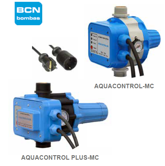 Comparação entre modelos AQUACONTROL-MC e AQUACONTROL PLUS-MC da BCN Bombas mostrando especificações técnicas e diferenças