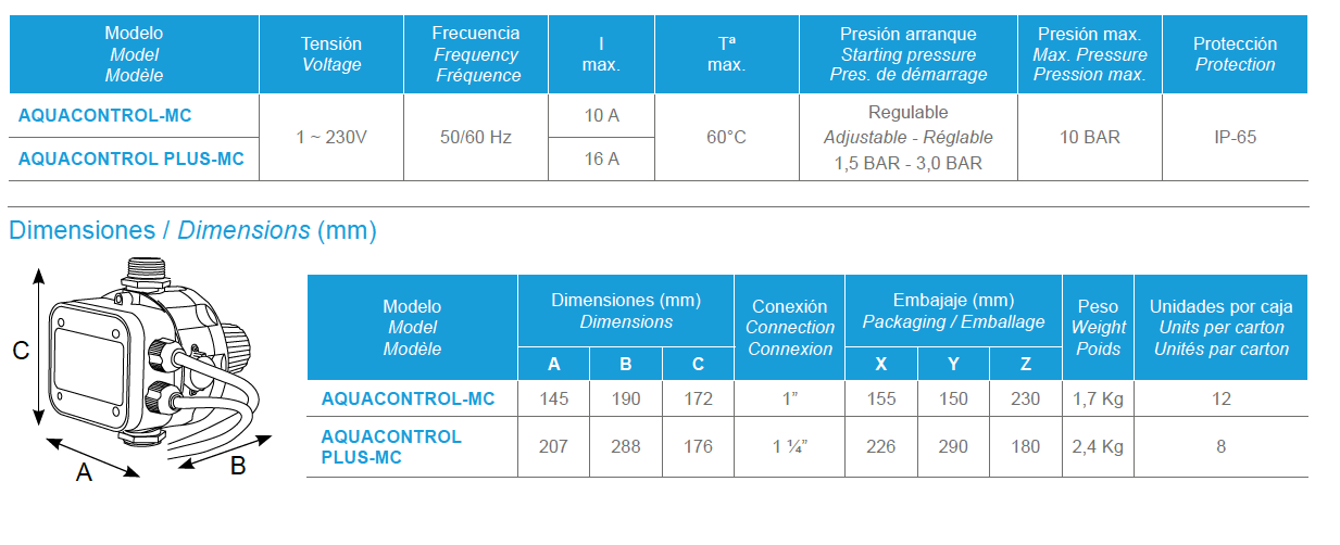 Detalhes técnicos e características do AQUACONTROL-MC incluindo dimensões, conexões, função antibloqueo e especificações completas