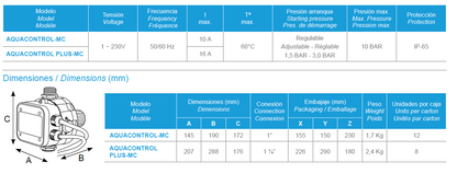Detalhes técnicos e características do AQUACONTROL-MC incluindo dimensões, conexões, função antibloqueo e especificações completas