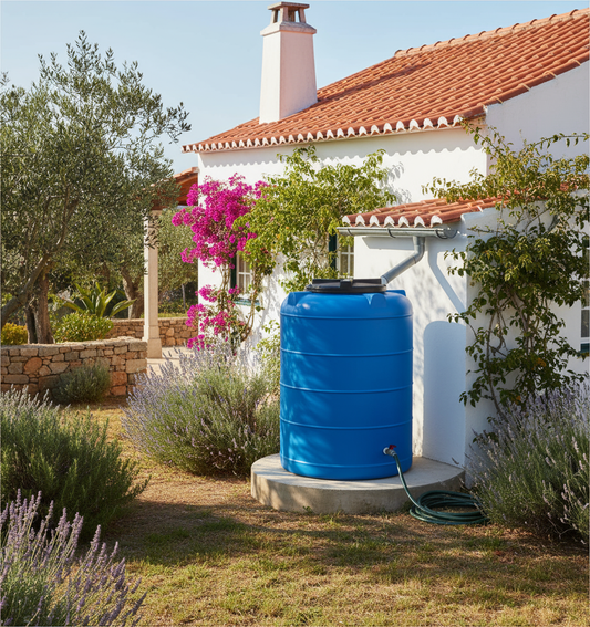 Depósito azul instalado em ambiente exterior