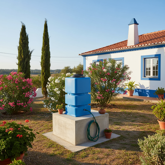 Depósito quadrado azul instalado em jardim português - Armazenamento água