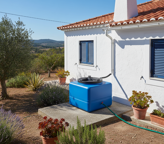 Depósito cúbico azul instalado em jardim português - Armazenamento água eficiente