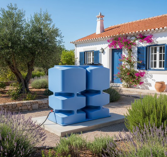 Depósito modular Jolly instalado em jardim - Sistema passa portas armazenamento água