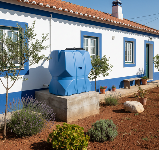 Depósito angular azul instalado em jardim português - Armazenamento água design inovador