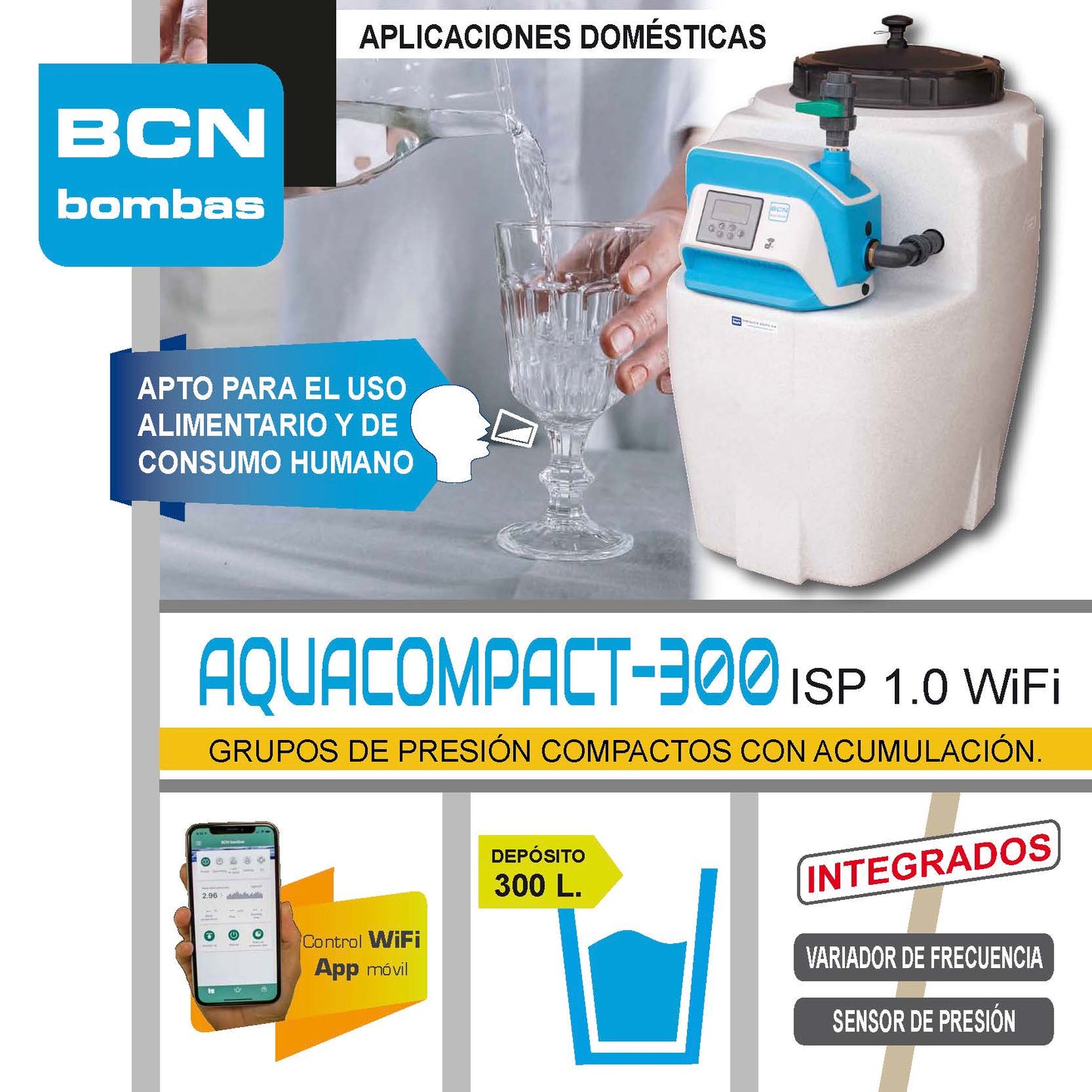 Diagrama de componentes Kit Aquacompact 300L - depósito, bomba ISP WiFi e acessórios incluídos